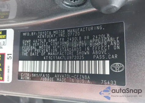 2020 Toyota Camry Le z USA, uszkodzony, nr VIN 4T1C11AK7LU972025